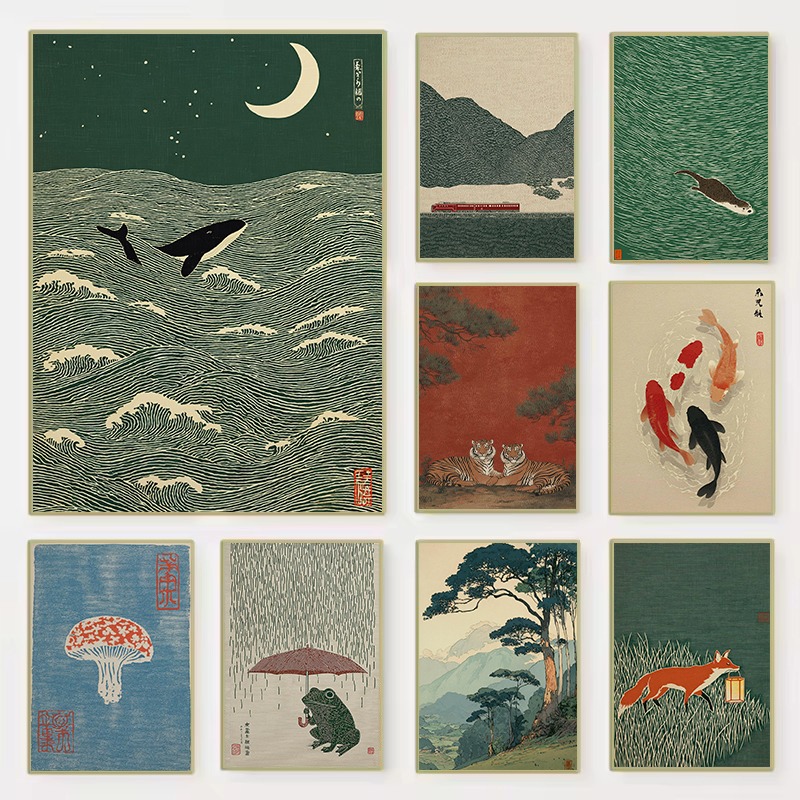 Japanese Lifestyle Home - Ilustração estilo japonês vintage trem animais